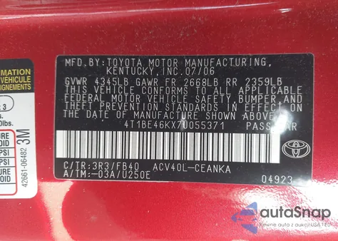 2007 Toyota Camry Le z USA, uszkodzony, nr VIN 4T1BE46KX7U055371